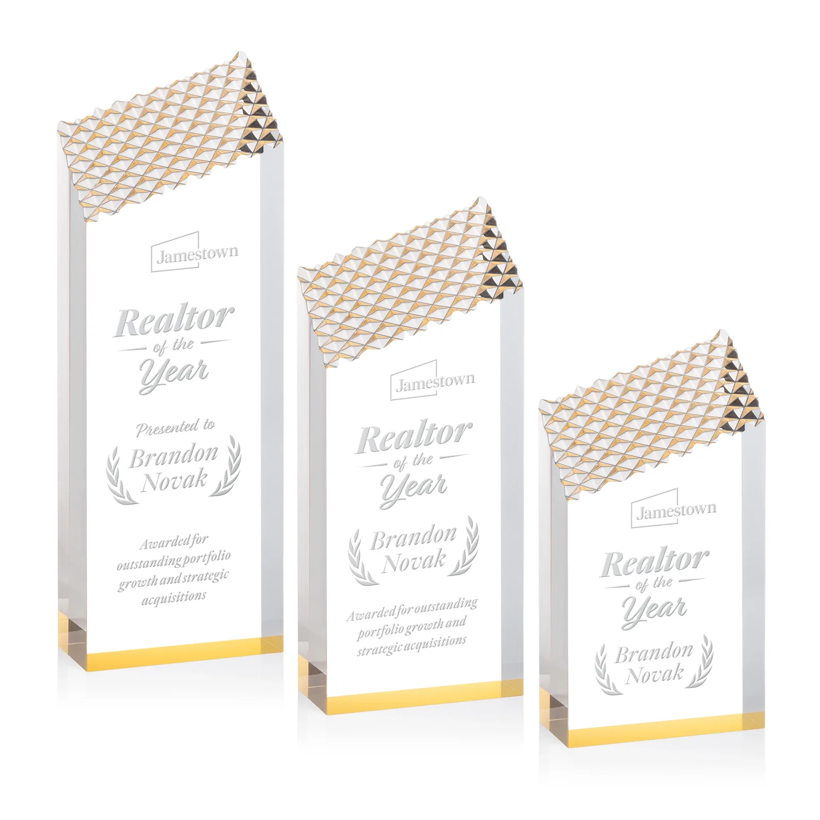 Custom Acrylic Tower Award with Faceted Textured Top for retirement presentations