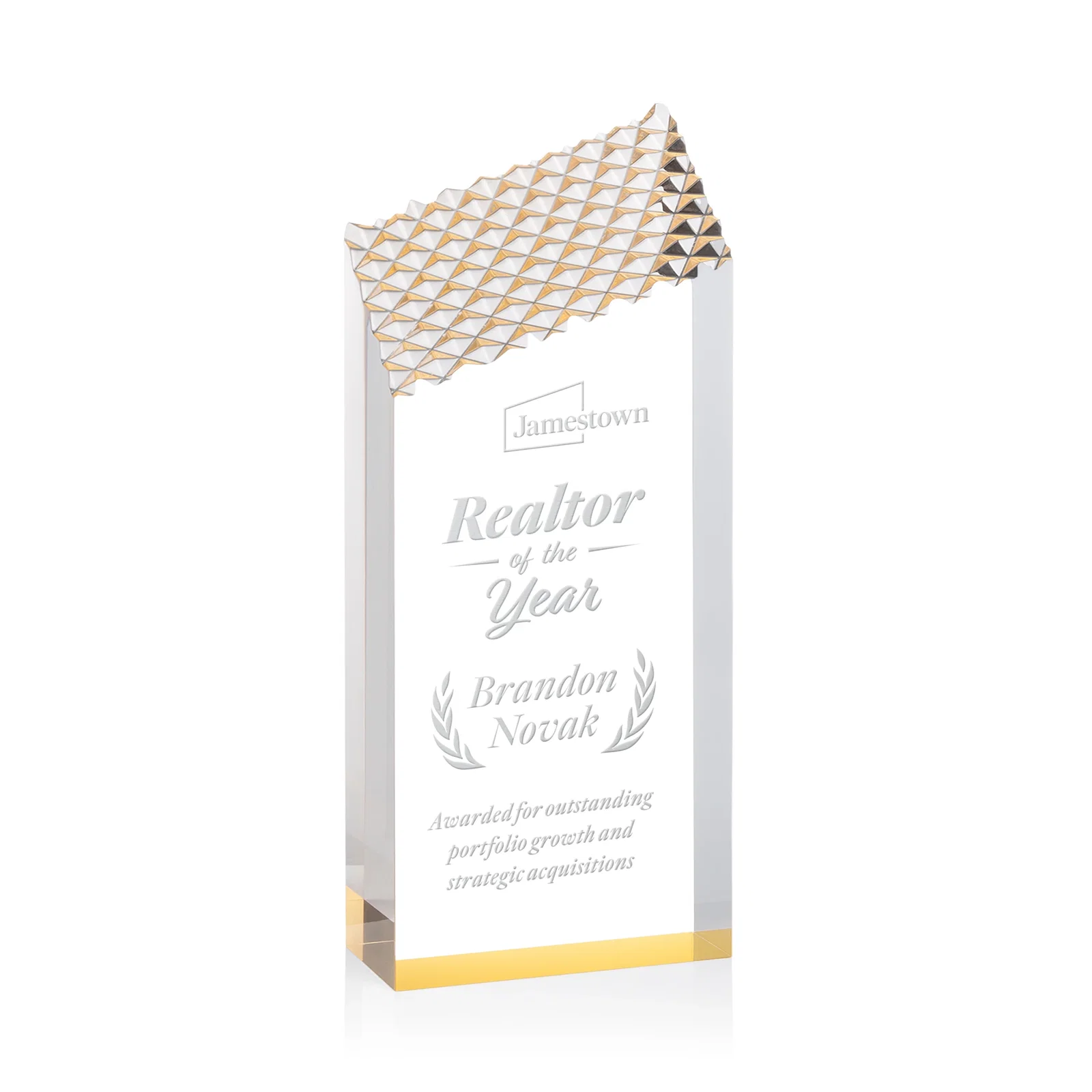 Custom Acrylic Tower Award with Faceted Textured Top for donor appreciation