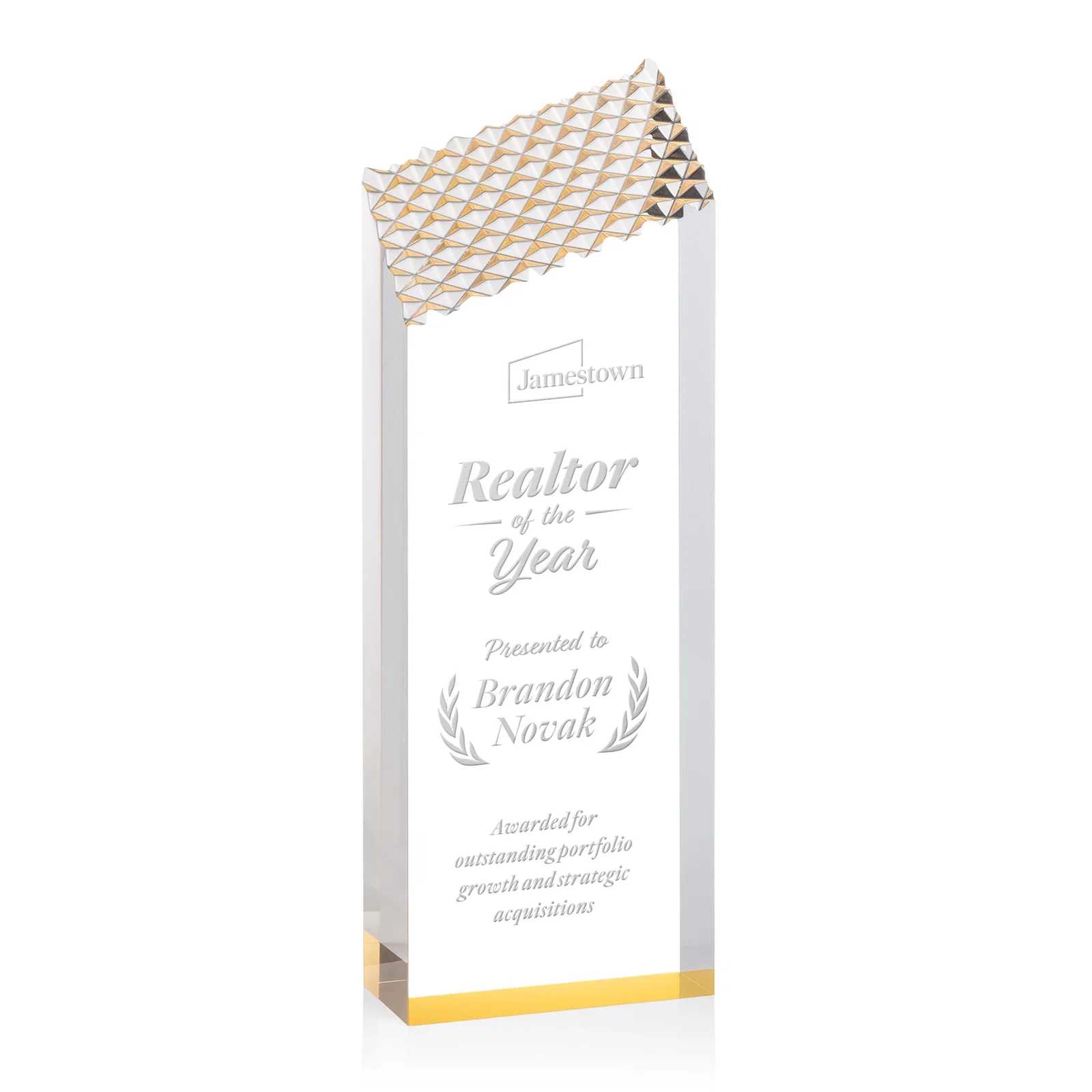 Custom Acrylic Tower Award with Faceted Textured Top for graduation ceremonies