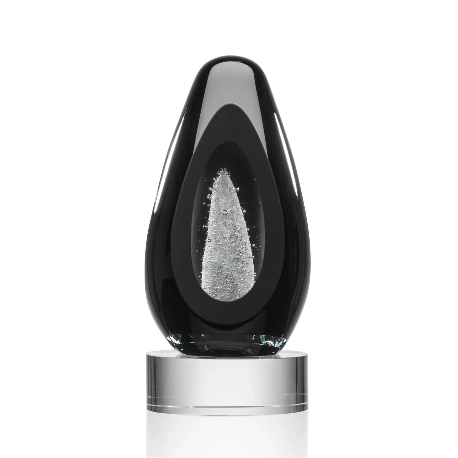 Custom Ebony Art Glass Teardrop Award With Three-Cut Ice Mountain Window for volunteer appreciation