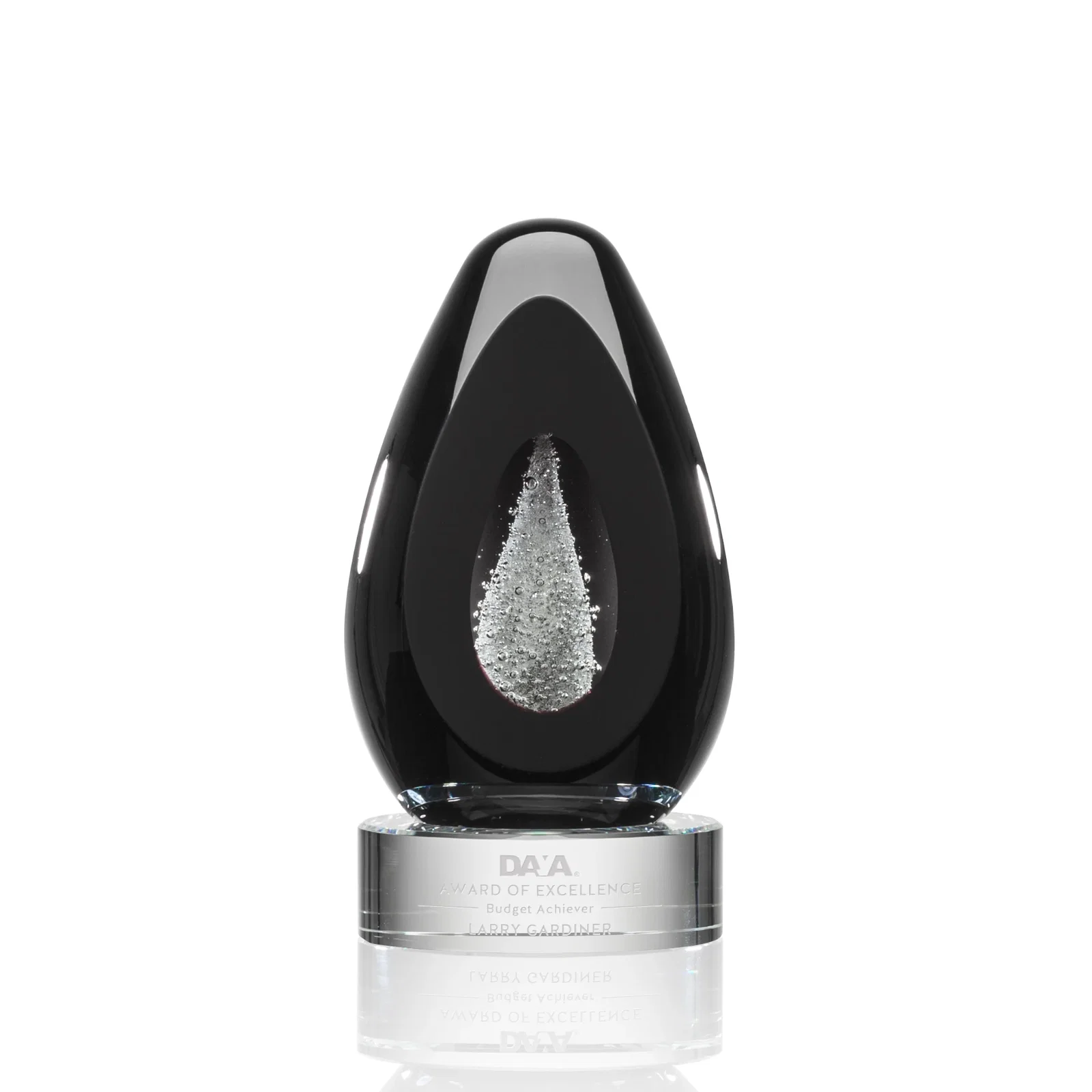 Custom Ebony Art Glass Teardrop Award With Three-Cut Ice Mountain Window for corporate award ceremonies