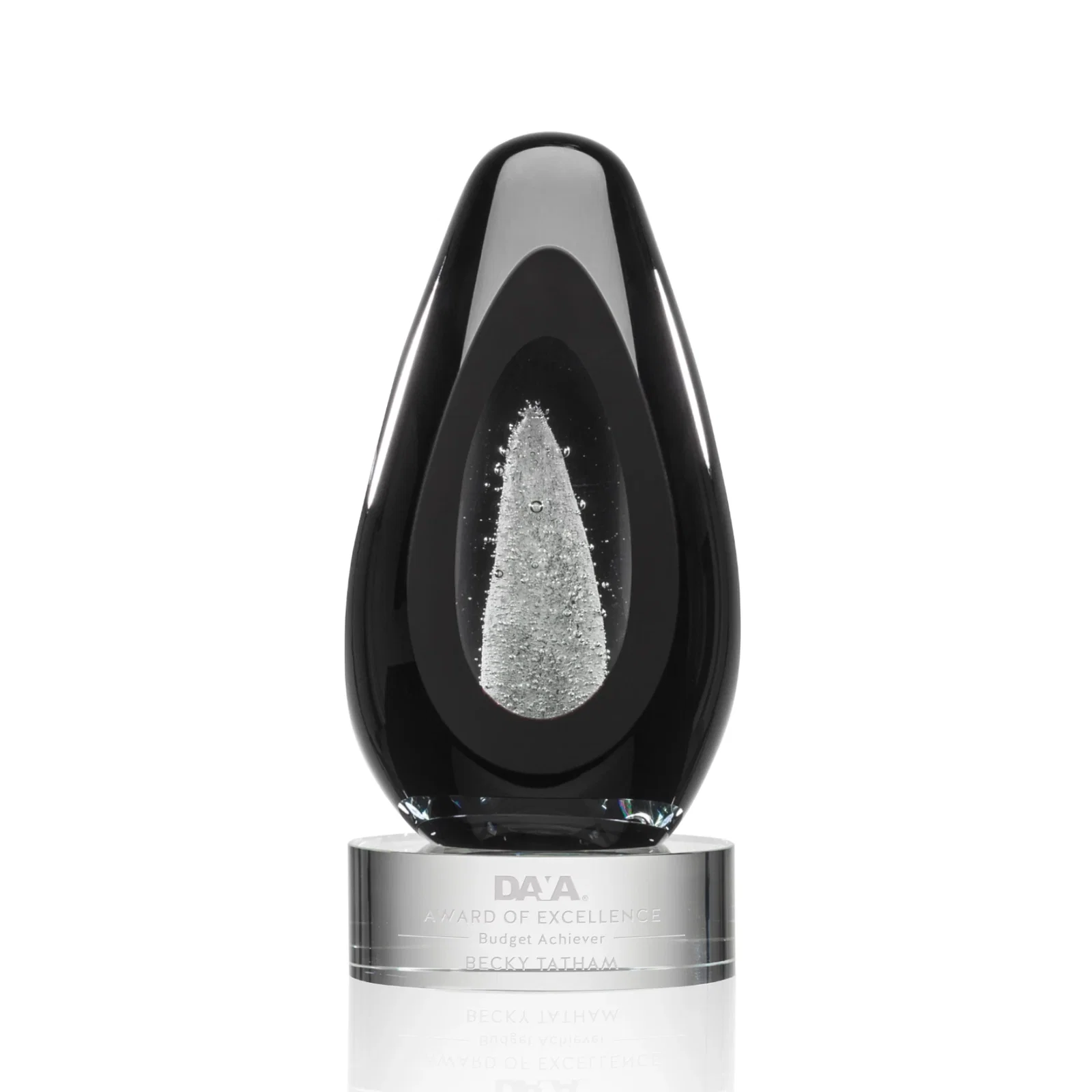 Custom Ebony Art Glass Teardrop Award With Three-Cut Ice Mountain Window for service anniversary gifts