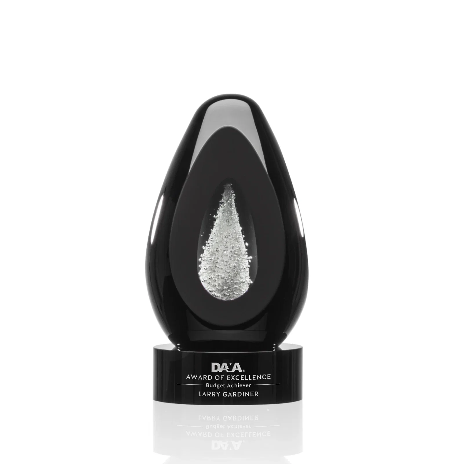 Custom Ebony Art Glass Teardrop Award With Three-Cut Ice Mountain Window for team milestone celebrations