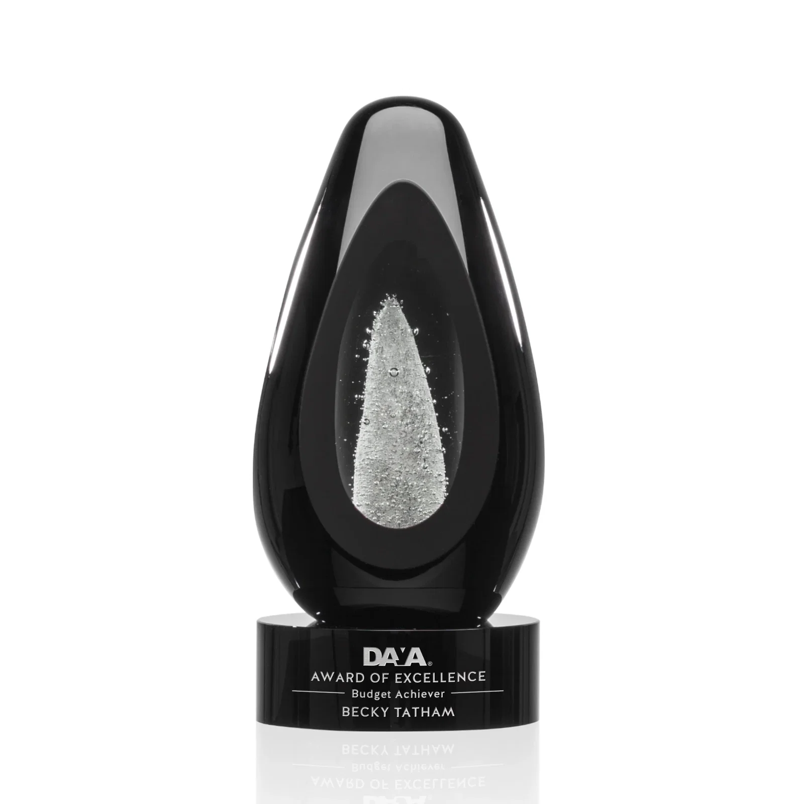 Custom Ebony Art Glass Teardrop Award With Three-Cut Ice Mountain Window for donor appreciation