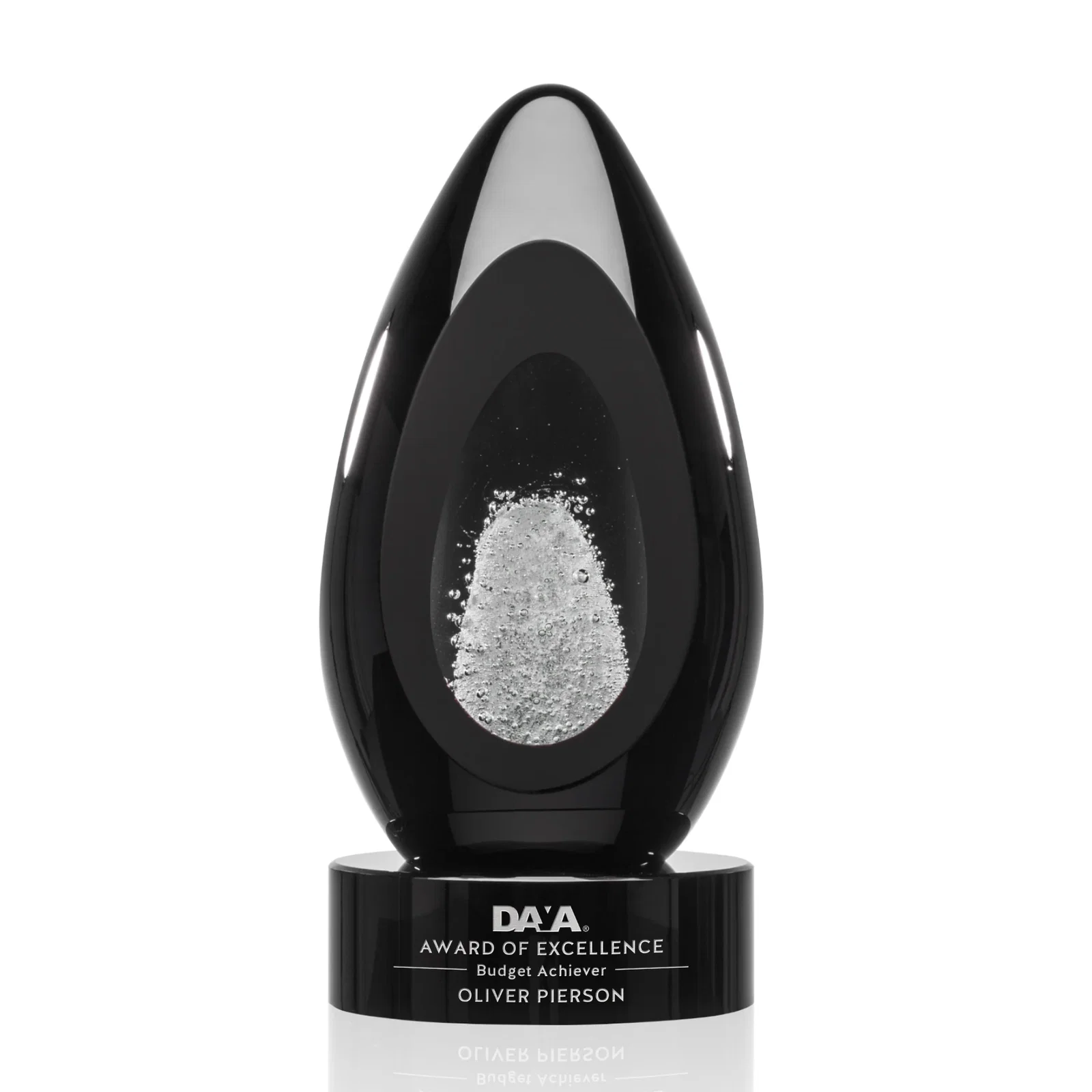 Custom Ebony Art Glass Teardrop Award With Three-Cut Ice Mountain Window for graduation ceremonies