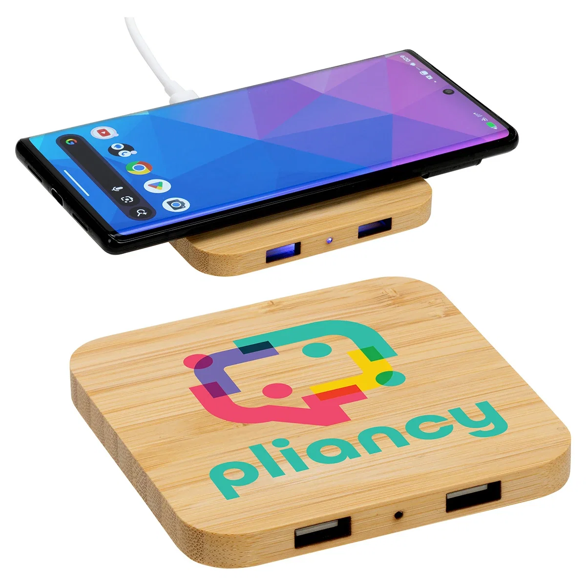 Custom Panda Bamboo 15W Wireless Charger, front view of the branded bamboo charging pad
