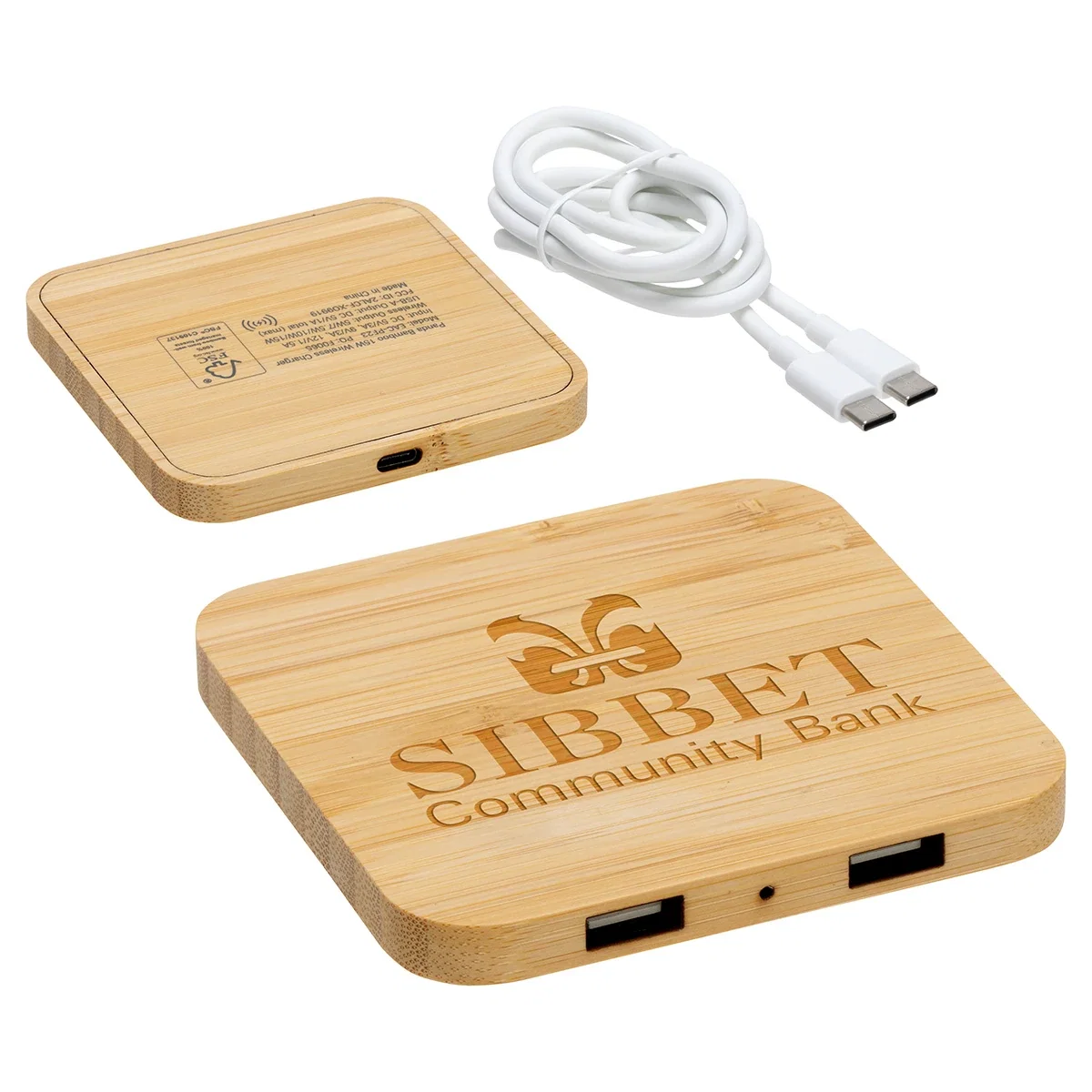 Branded Panda Bamboo wireless charger with a smartphone resting on the pad, in use