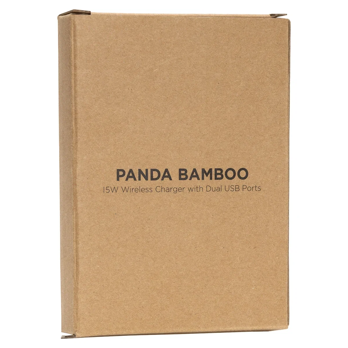 Retail packaging for the promotional Panda Bamboo 15W Wireless Charger with dual USB ports