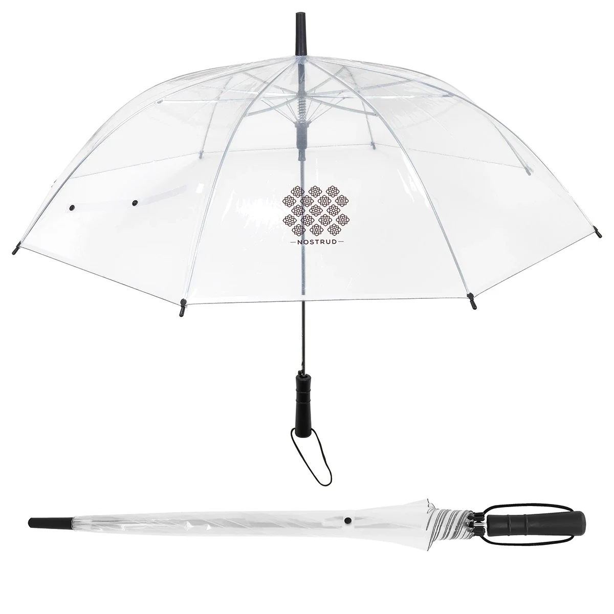 Custom Panorama 46-inch Arc Auto-Open Clear Umbrella, front view of the branded umbrella
