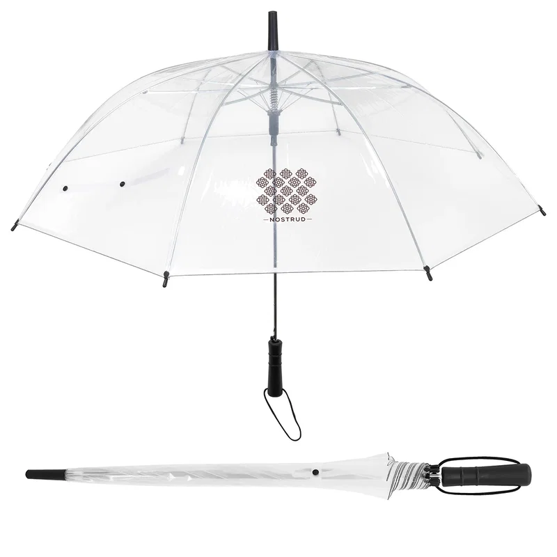 Custom Panorama 46-inch Arc Auto-Open Clear Umbrella, front view of the branded umbrella