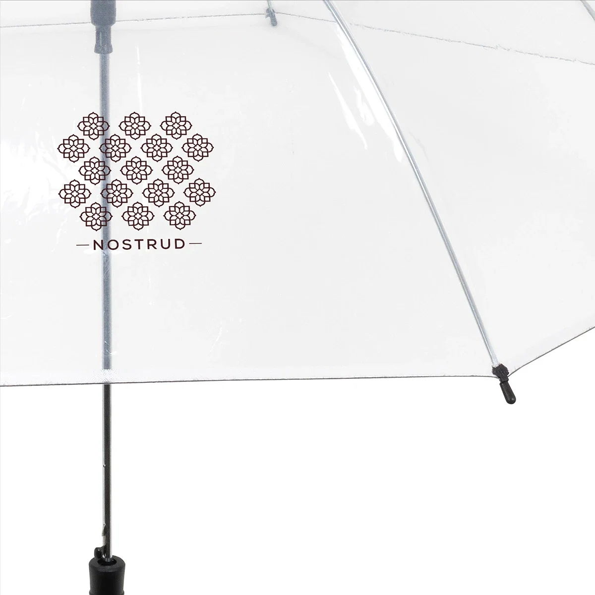 Side profile of the promotional Panorama Clear Umbrella showing the arc canopy