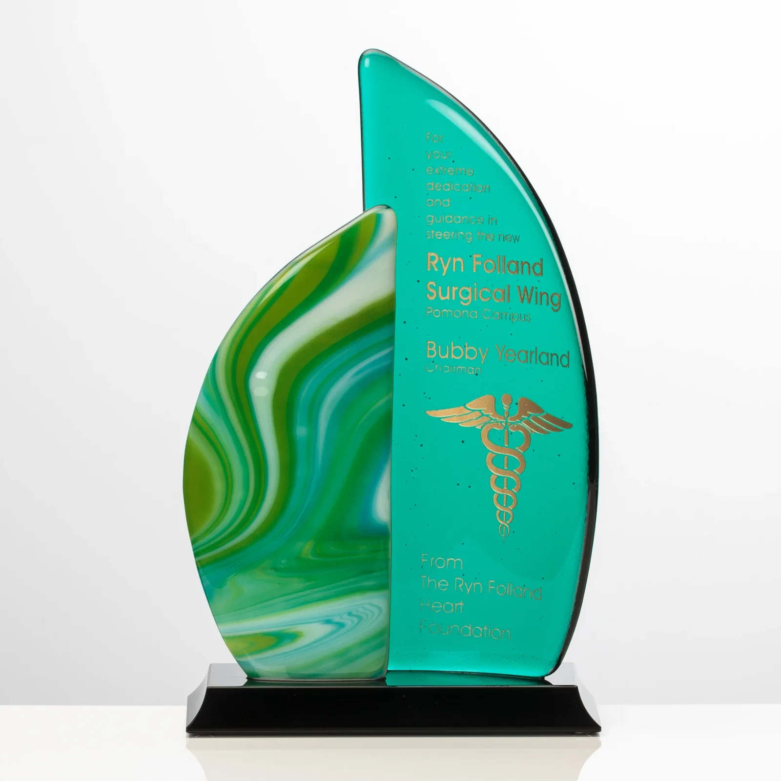 Custom Sapphire Emerald or Ruby Art Glass Sail Award With Opposing Panels for corporate award ceremonies