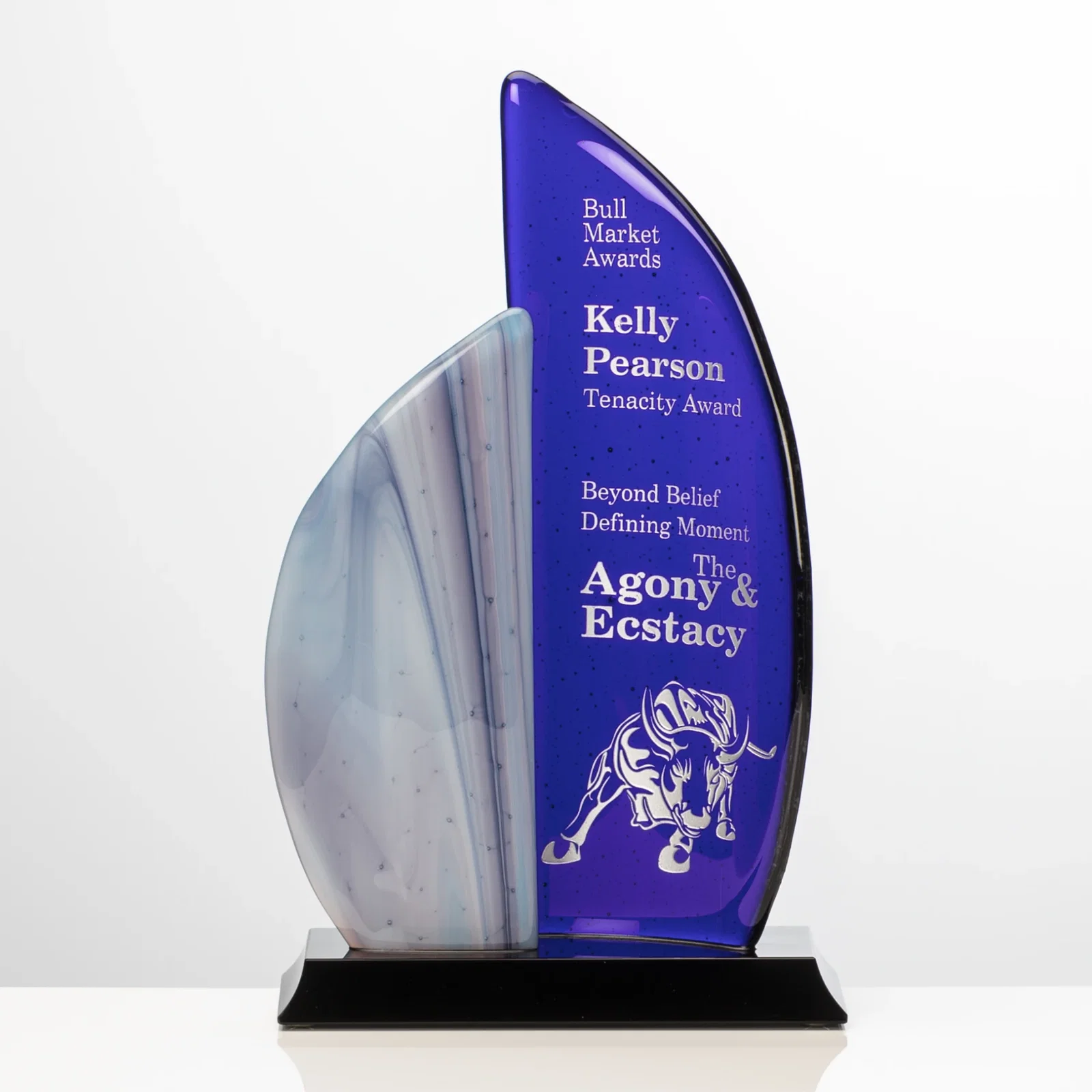 Custom Sapphire Emerald or Ruby Art Glass Sail Award With Opposing Panels for sales achievement awards