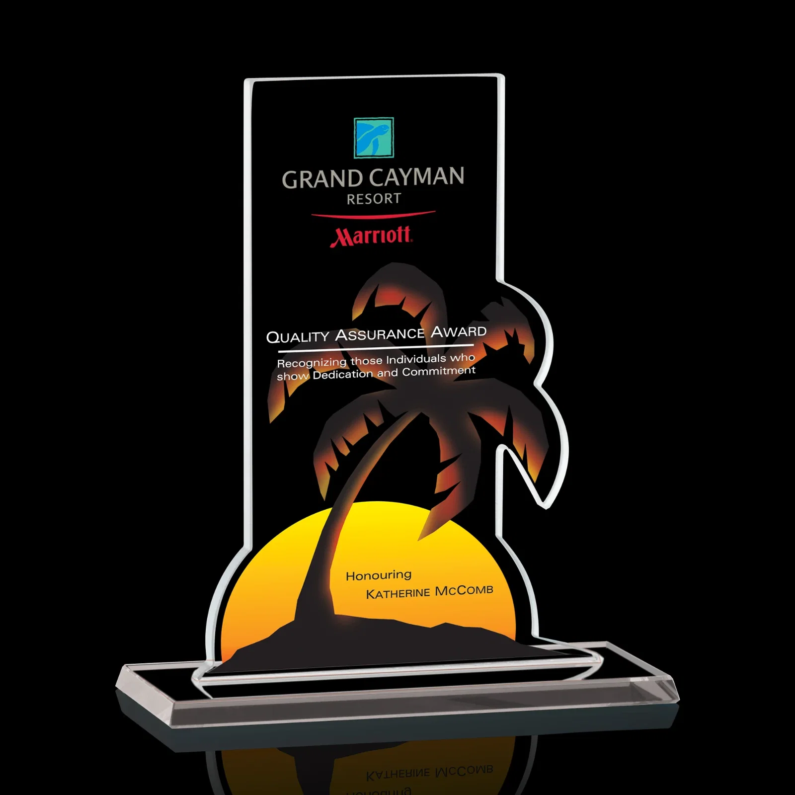 Custom Starfire Crystal Award, Full-Color Printed Island Sunset Scene, awards for employee recognition