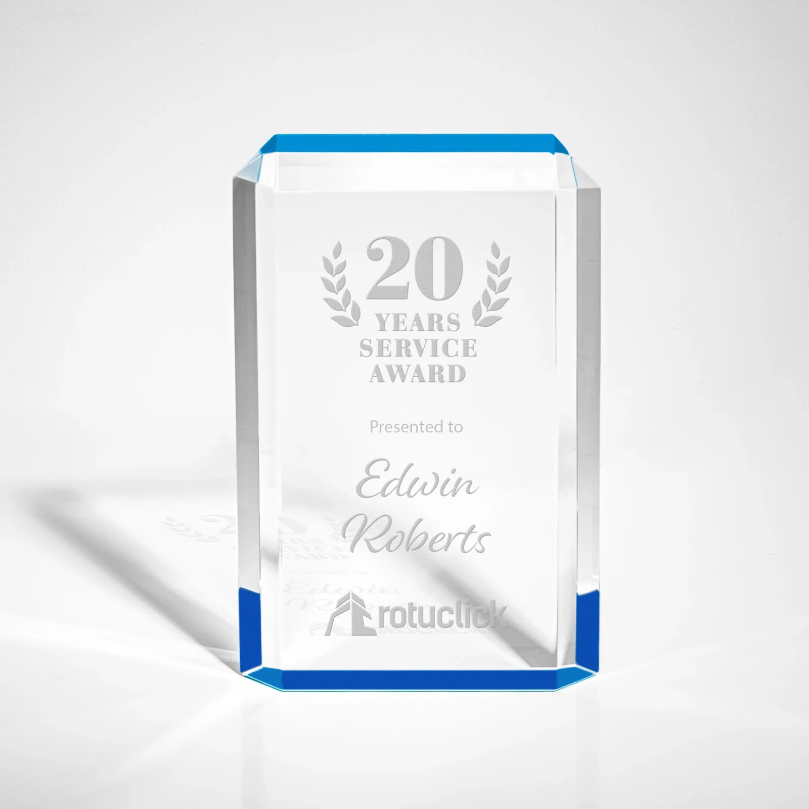 Custom Faceted Acrylic Award with Ice Blue Reflector Base for service anniversary gifts