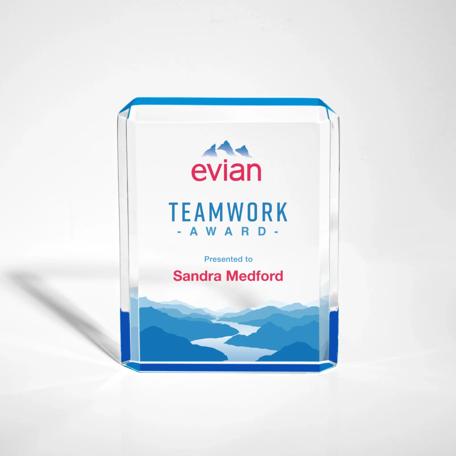 Custom Faceted Acrylic Award with Ice Blue Reflector Base for team milestone celebrations