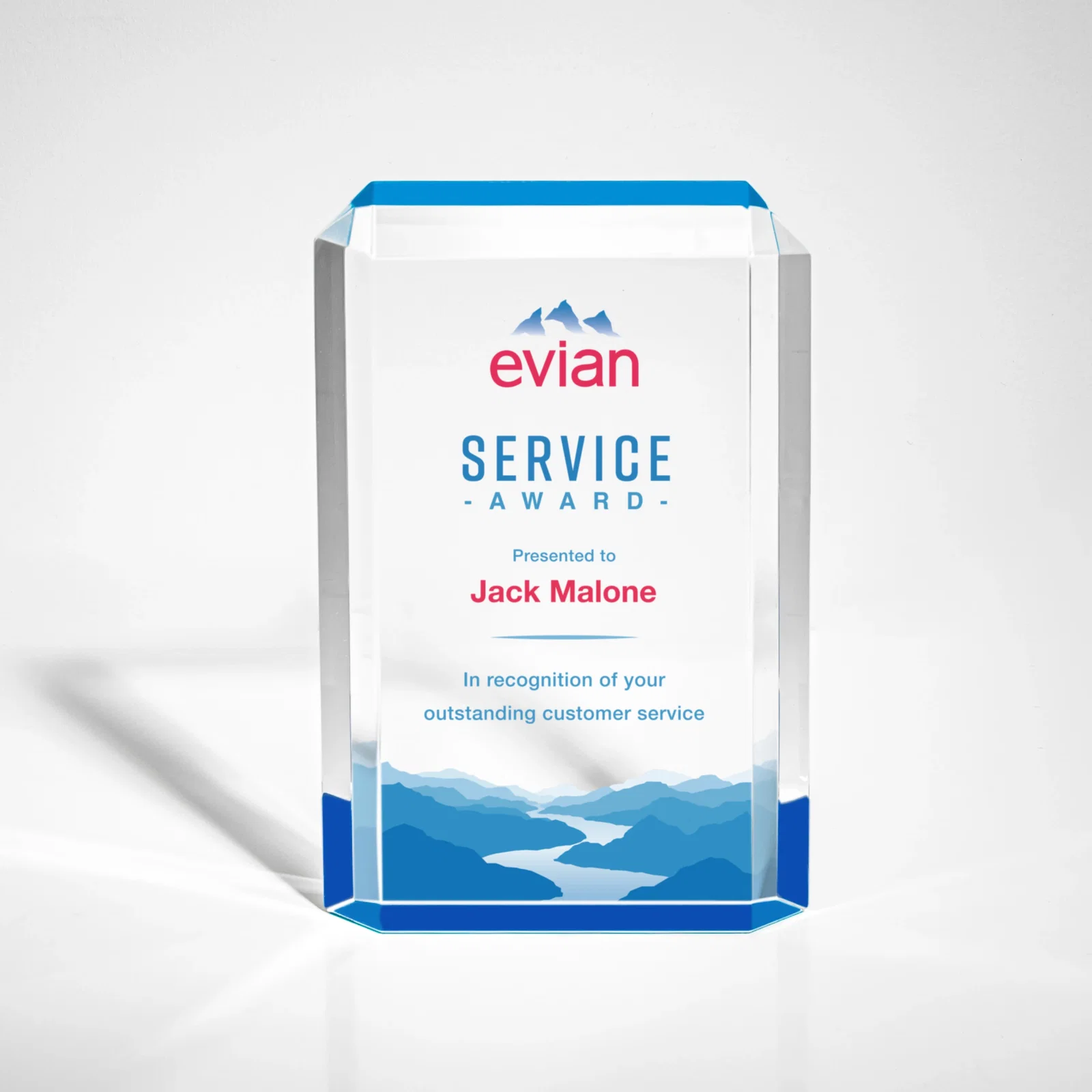 Custom Faceted Acrylic Award with Ice Blue Reflector Base for donor appreciation