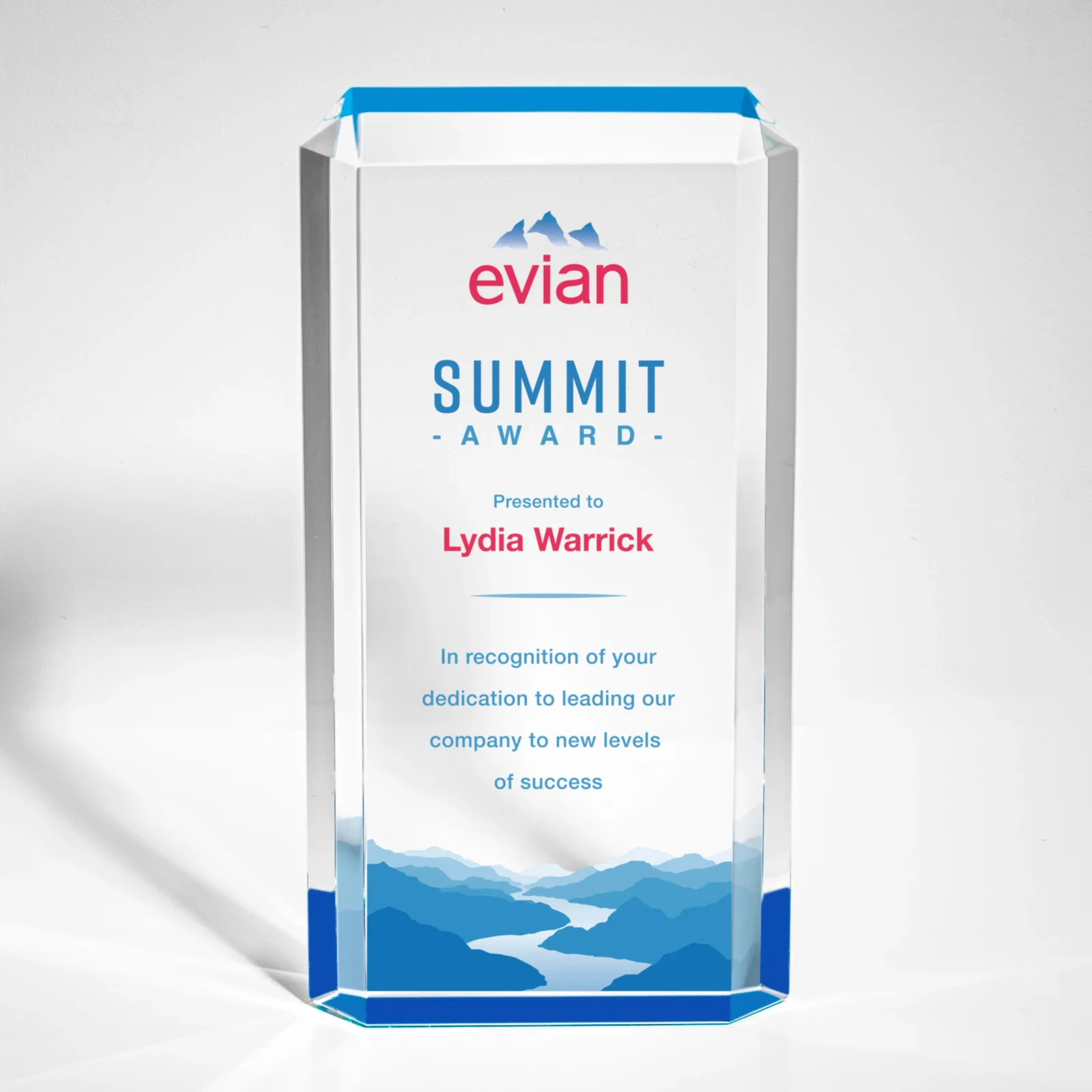 Custom Faceted Acrylic Award with Ice Blue Reflector Base for graduation ceremonies