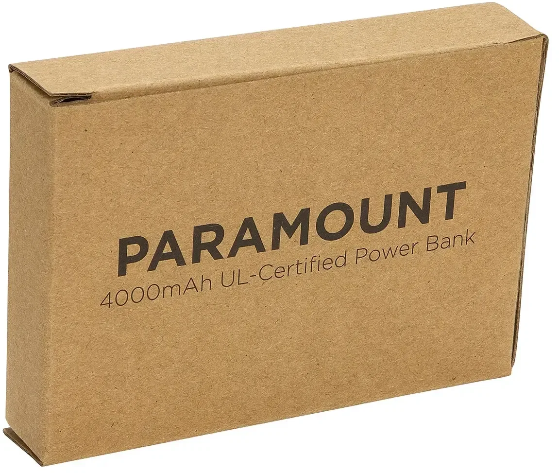 custom Paramount 4000mAh power bank, close-up of USB port and logo imprint area