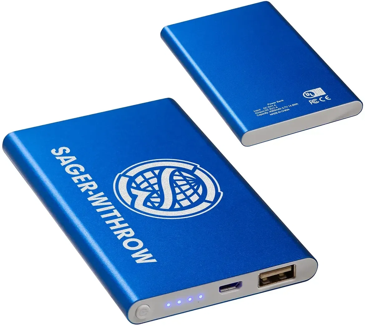 Paramount branded power bank charging a phone, custom 4000mAh power bank in use