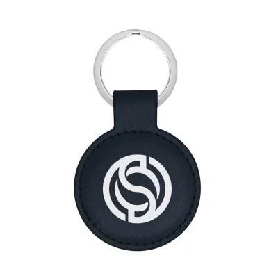 Black leatherette key tag with a two inch round face