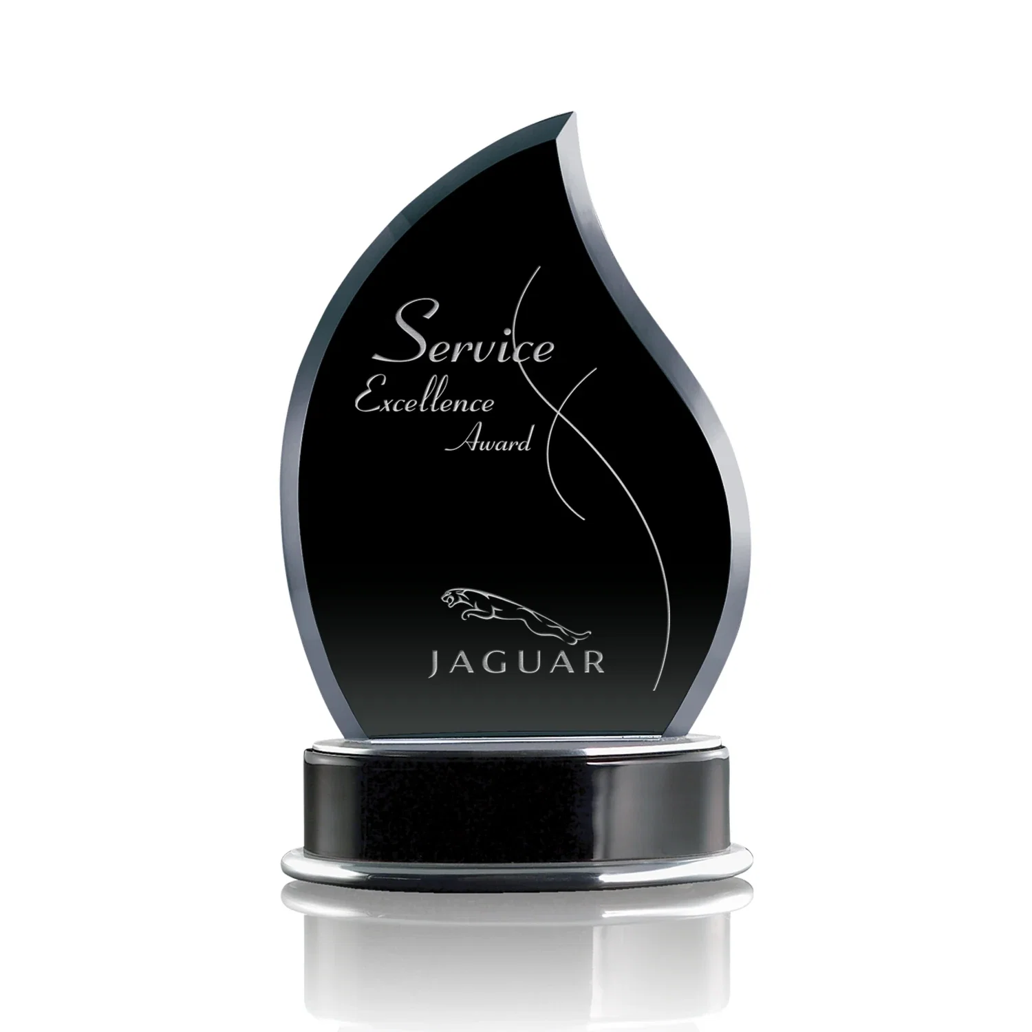 Custom Black Starfire Crystal Flame Award, Wood Base with Aluminum Accents for corporate award ceremonies