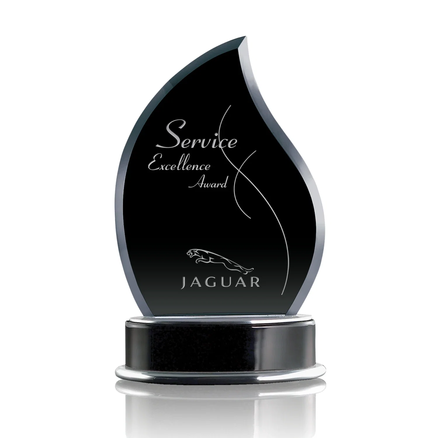 Custom Black Starfire Crystal Flame Award, Wood Base with Aluminum Accents for service anniversary gifts