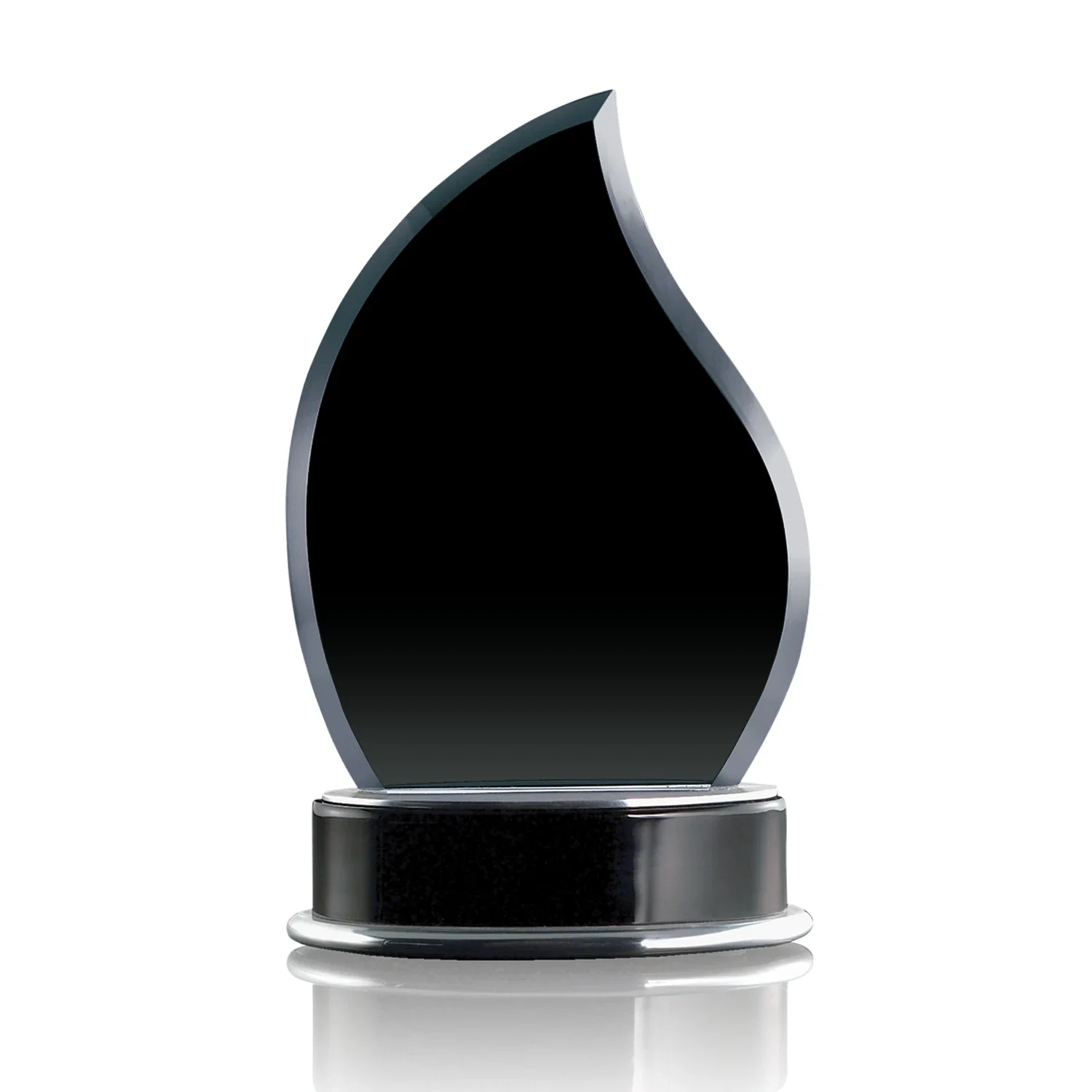 Custom Black Starfire Crystal Flame Award, Wood Base with Aluminum Accents for retirement presentations