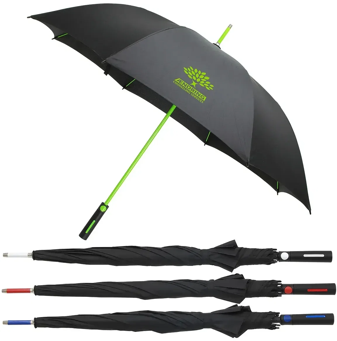 Parkside custom auto-open umbrella with branded logo canopy, open front view