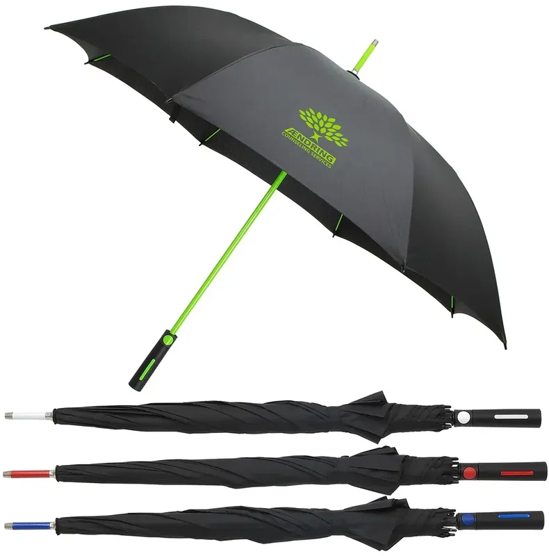 Parkside custom auto-open umbrella with branded logo canopy, open front view