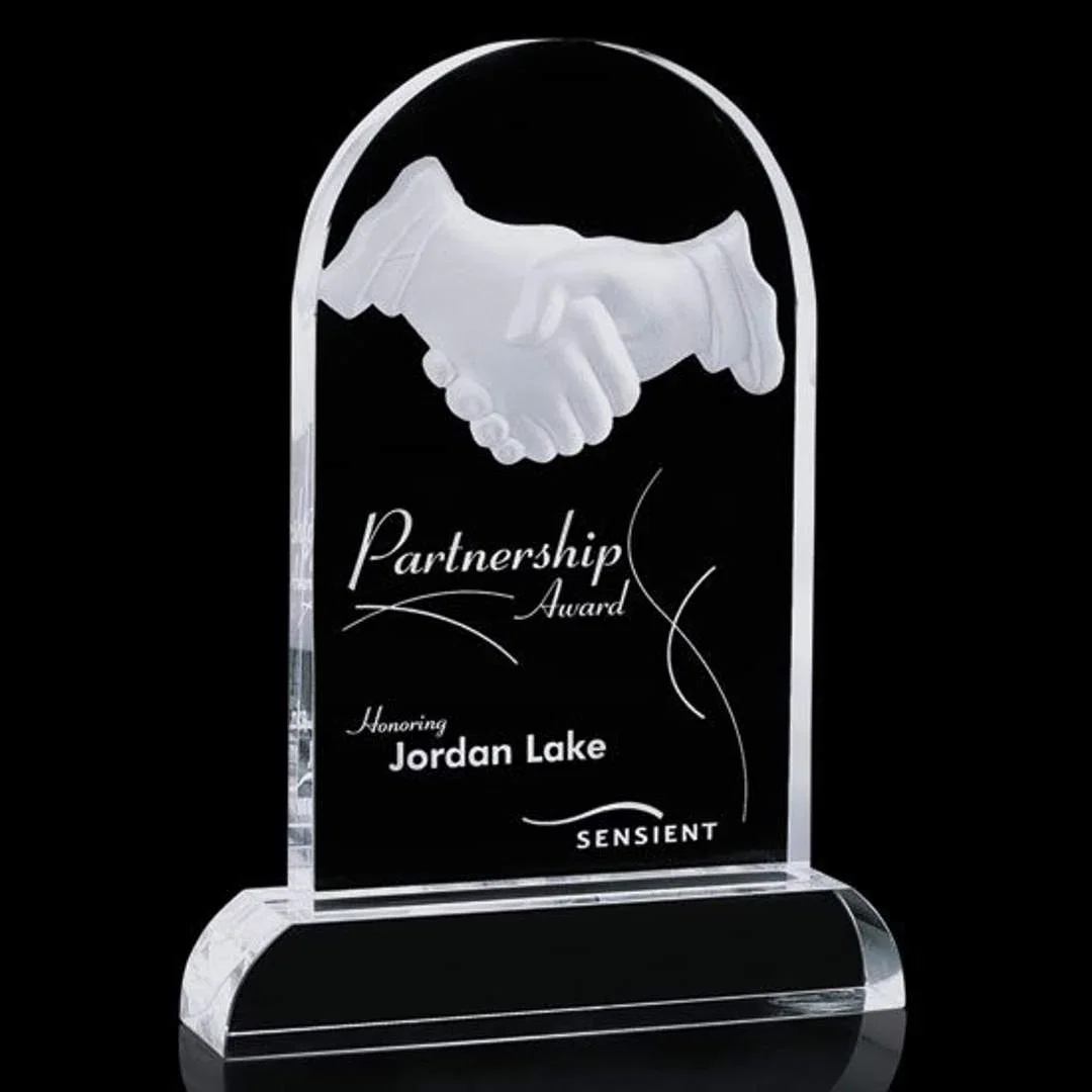Custom Optical Crystal Award with Carved Handshake Scene, awards for employee recognition