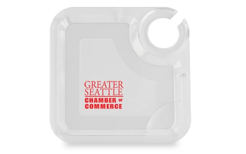 Party Valet One-Hand Snack & Wine Tray. One-hand crystal styrene wine and snack tray with built-in drink holder