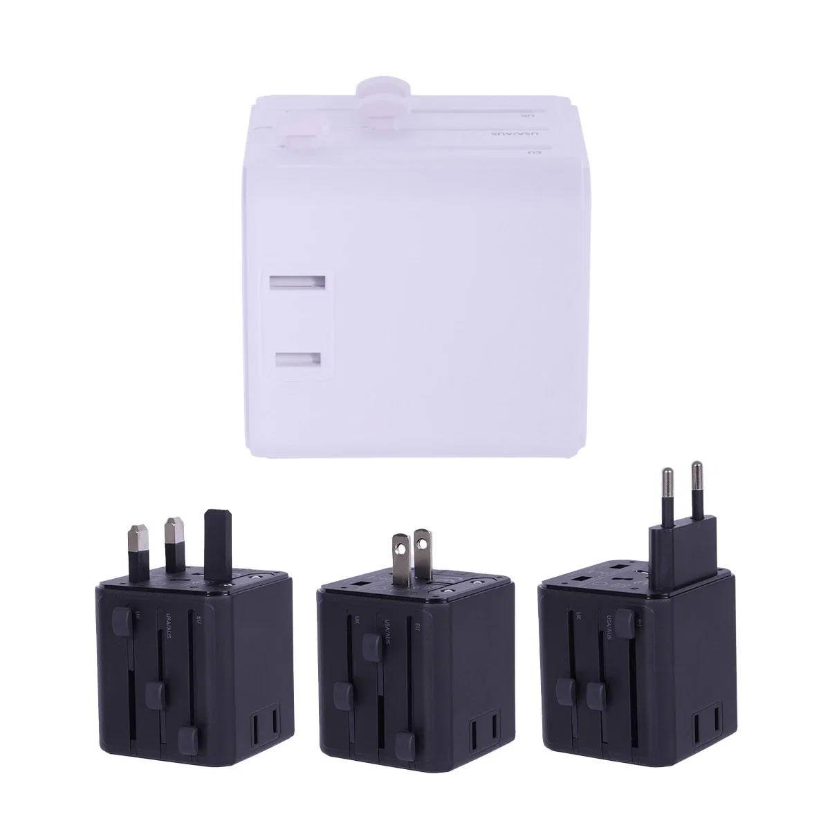 Passport universal travel adapter with four international plug types and dual power outlets