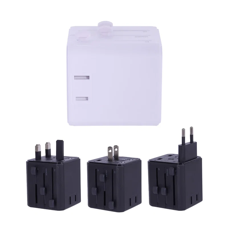 Passport universal travel adapter with four international plug types and dual power outlets