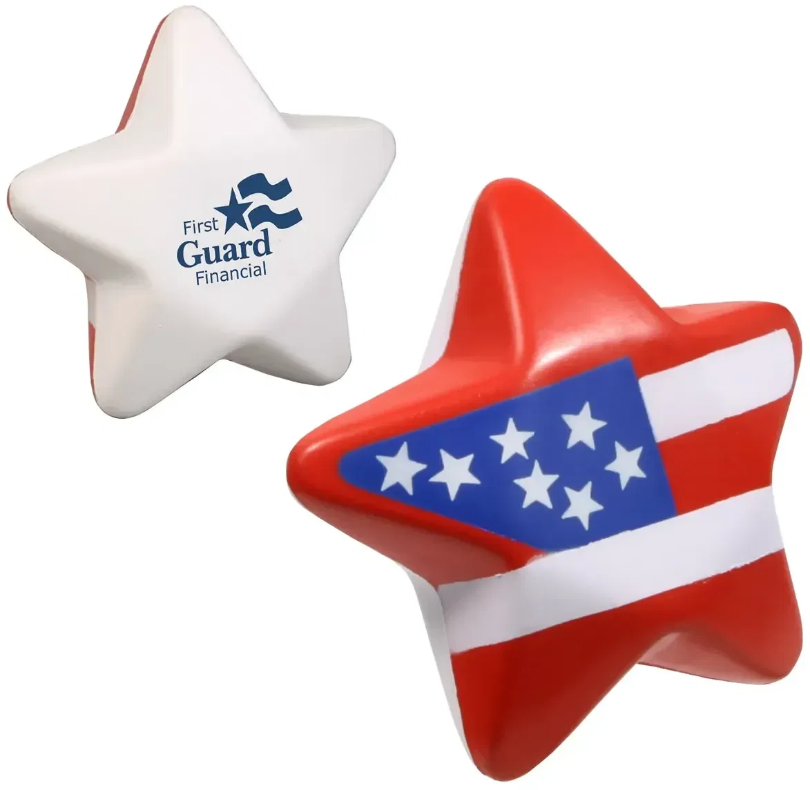 Custom Patriotic Star Stress Reliever, branded foam star squeeze toy for promotional July 4th logo giveaways