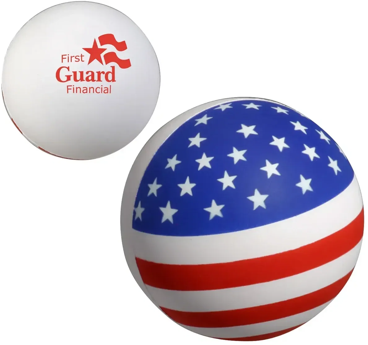 Red white and blue patriotic promotional stress ball with custom logo, front view