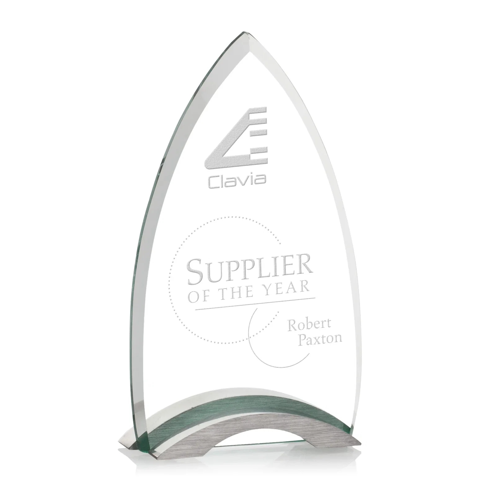 Custom Starfire Crystal Arrowhead Award With Etch And Print Combined for graduation ceremonies
