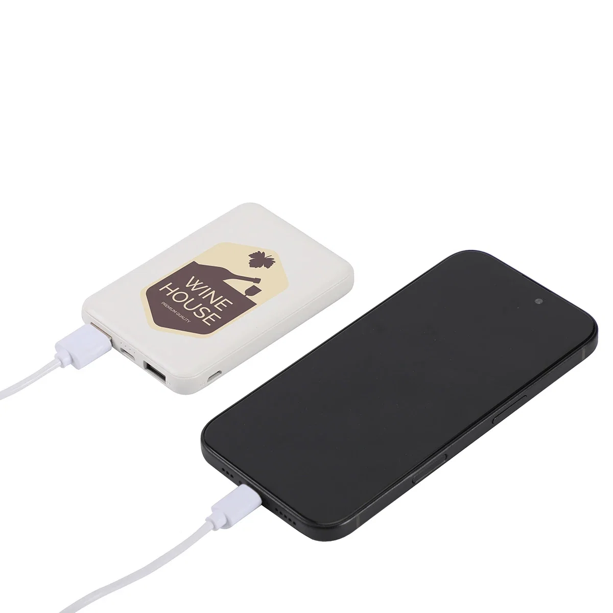 Close-up of the custom Pavilion power bank's logo imprint area