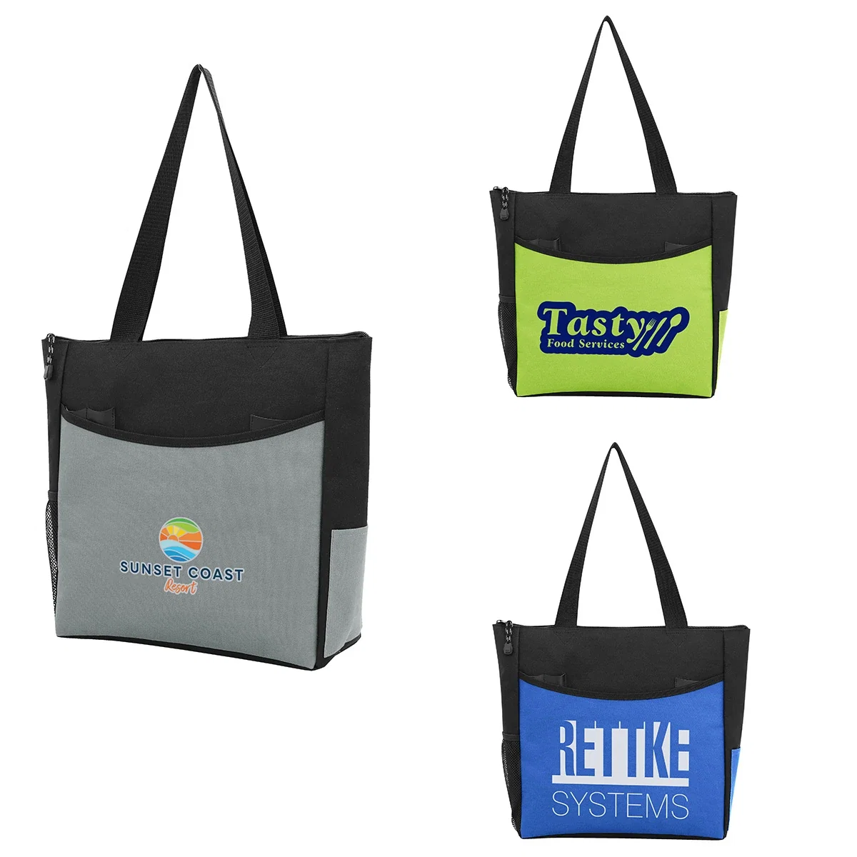 Custom Pavilion Zippered Polyester Event Tote, front view of the branded event tote