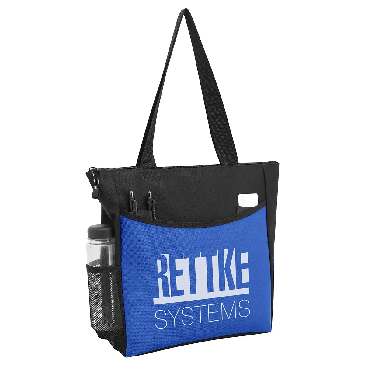 Close-up of the custom Pavilion Zippered Polyester Event Tote's logo imprint area