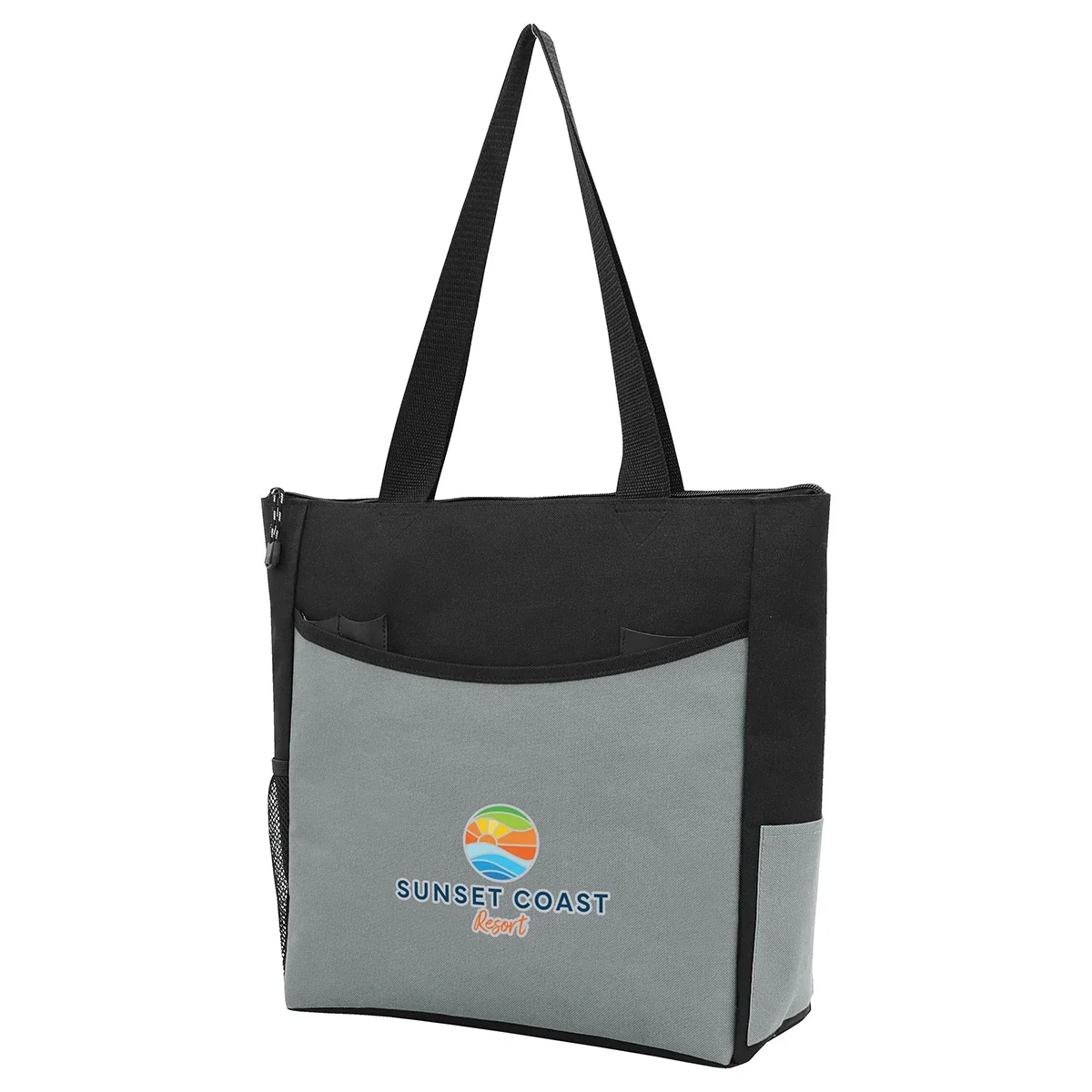 Promotional Pavilion Zippered Polyester Event Tote carried by the handles, tote bag in use