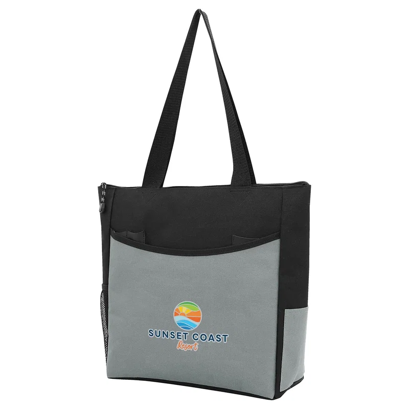 Promotional Pavilion Zippered Polyester Event Tote carried by the handles, tote bag in use