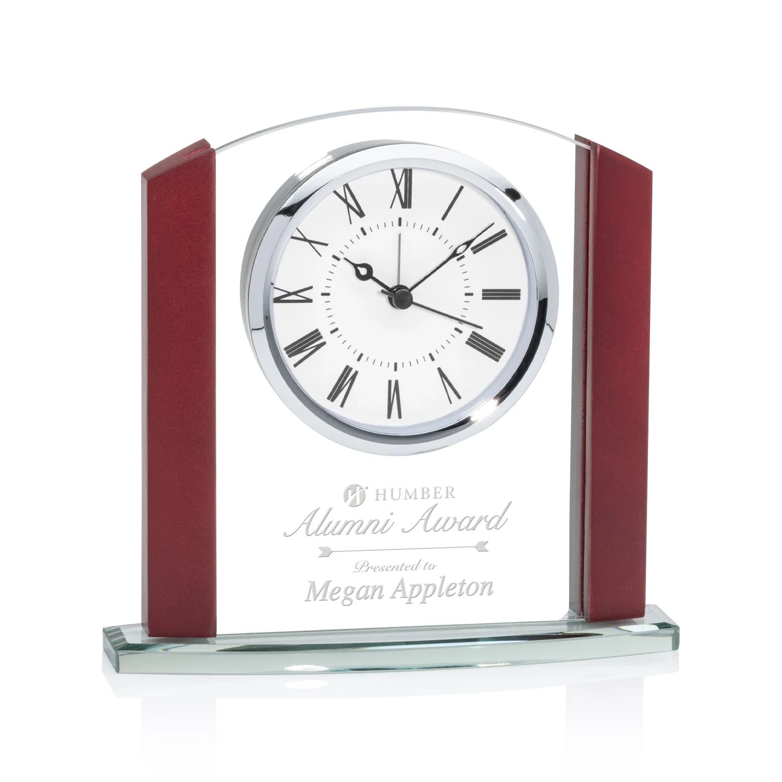 Custom Piano Finish Rosewood Desk Clock With Jade and Chrome Accents for employee recognition
