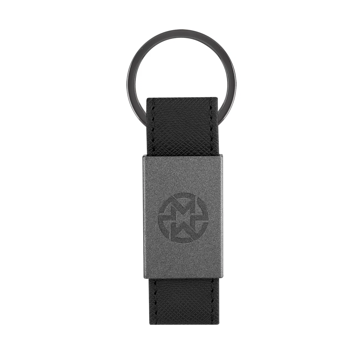 Leatherette key tag with a metal ring, shown in black