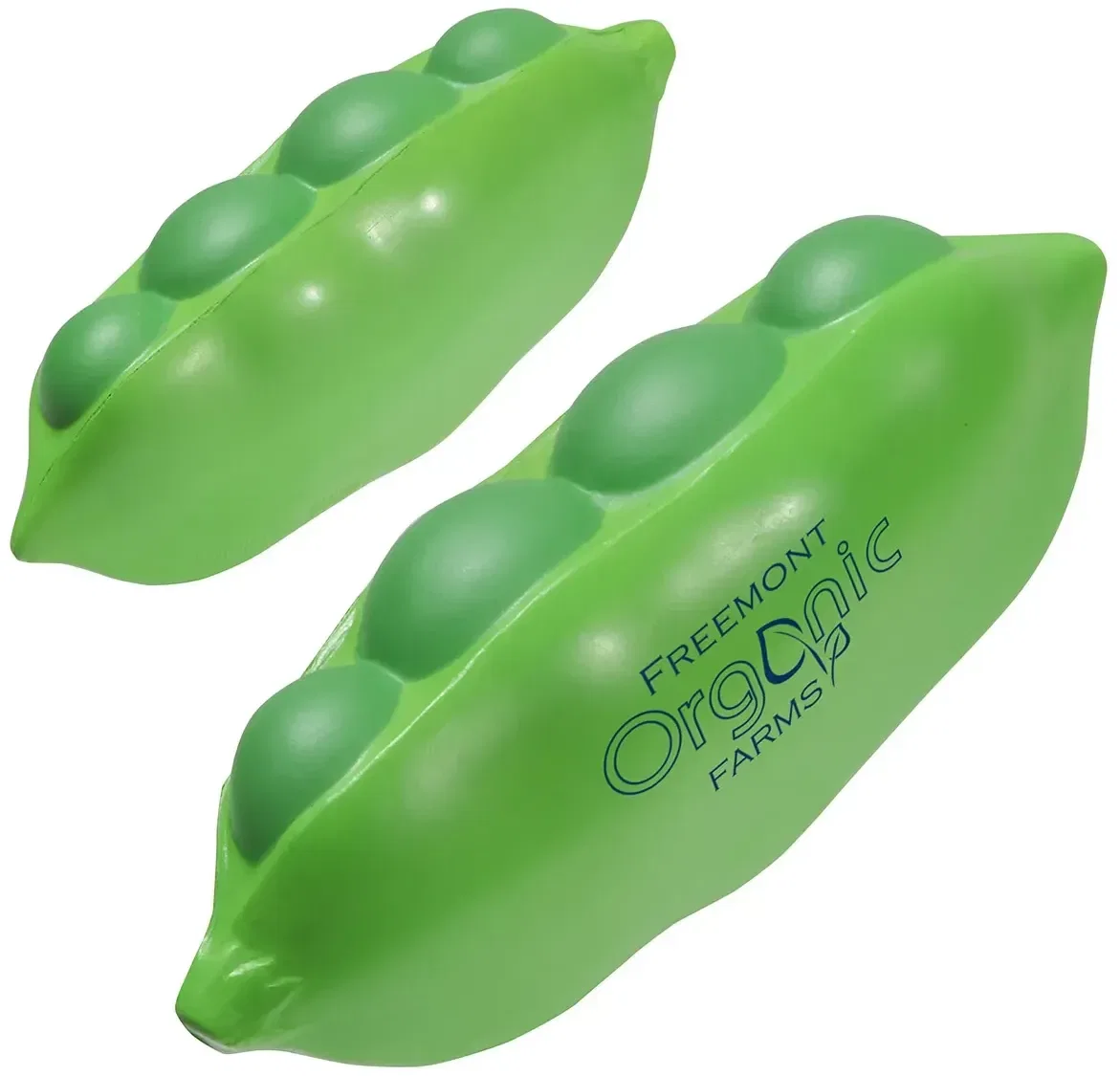 Custom Pea Pod Stress Reliever, promotional foam squeeze toy shaped like a pea pod for branded logo giveaways