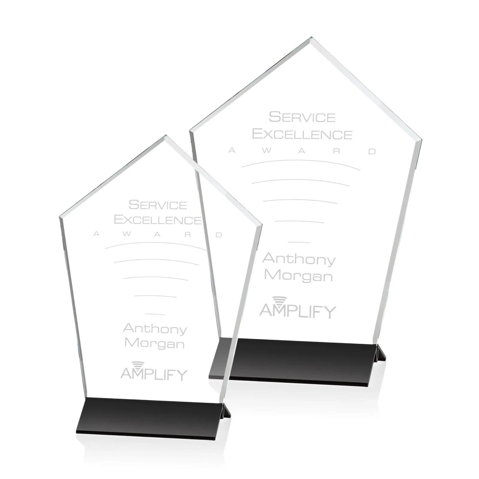 Custom Starfire Crystal Award with Arrow-Point Top on Black Aluminum Base, metal awards for employee recognition