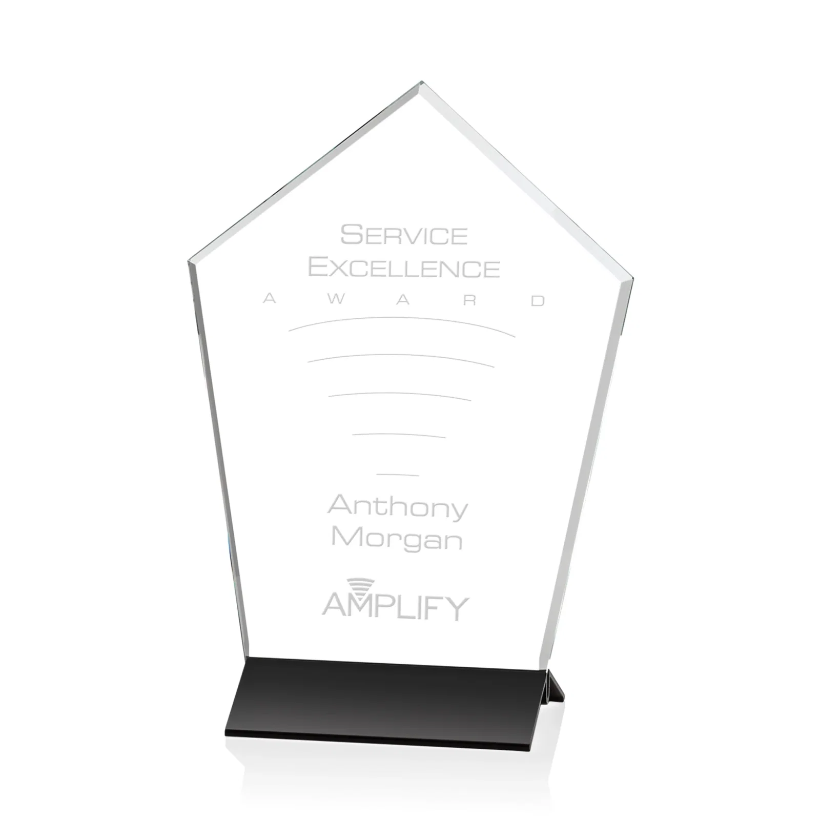 Custom Starfire Crystal Award with Arrow-Point Top on Black Aluminum Base, metal awards for corporate award ceremonies