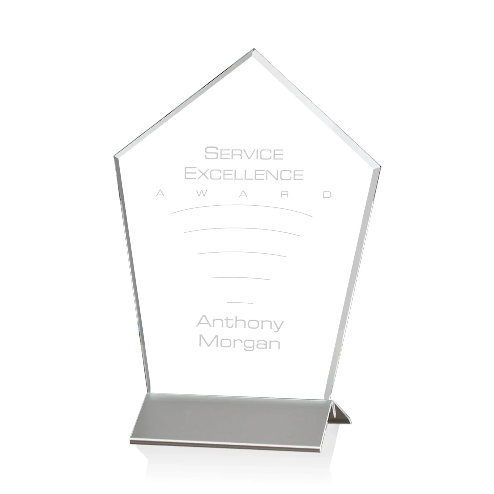 Custom Starfire Crystal Award with Arrow-Point Top on Black Aluminum Base, metal awards for retirement presentations