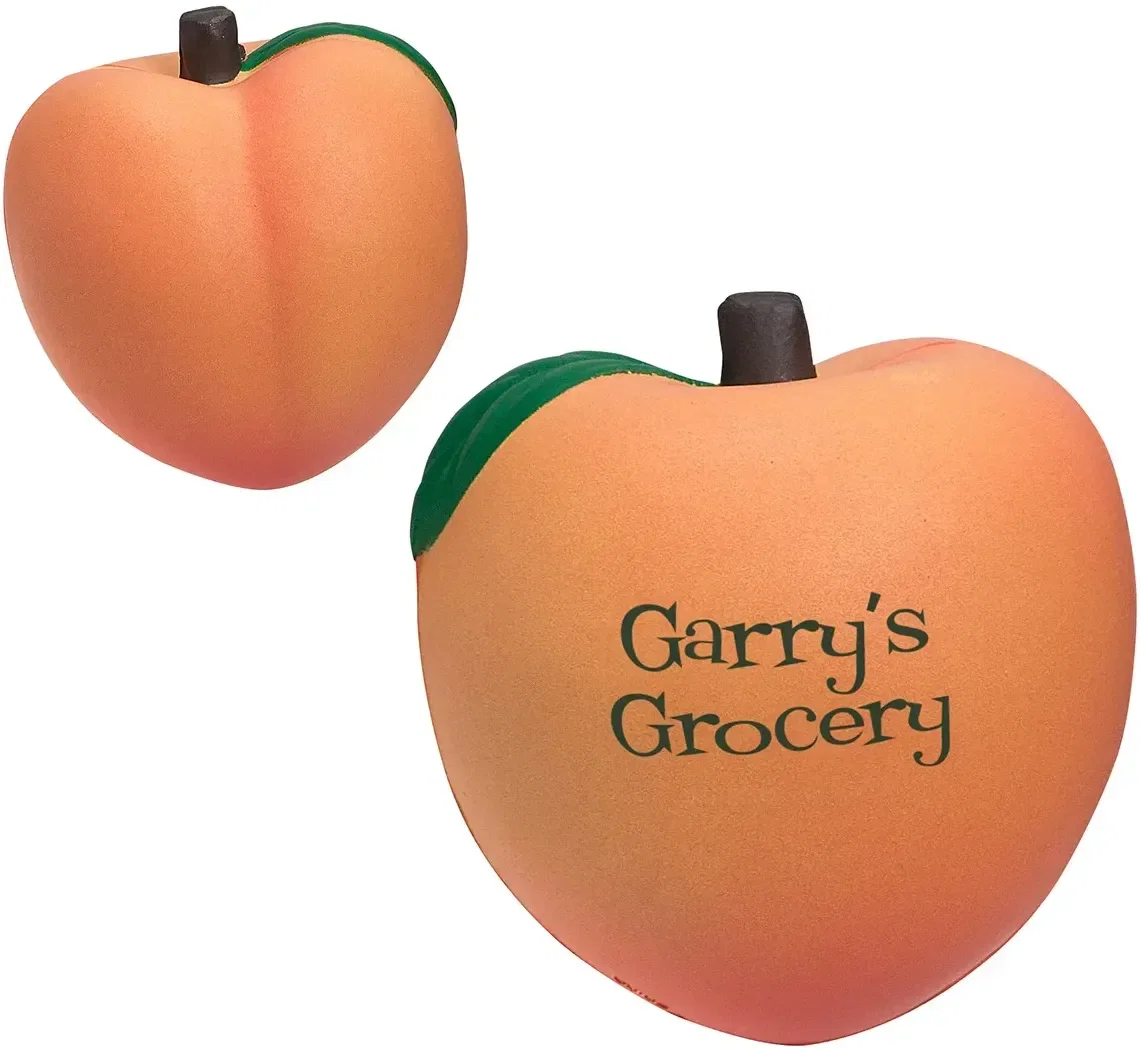 Peach Stress Reliever, a promotional custom squeeze toy molded as a ripe peach with printable logo space