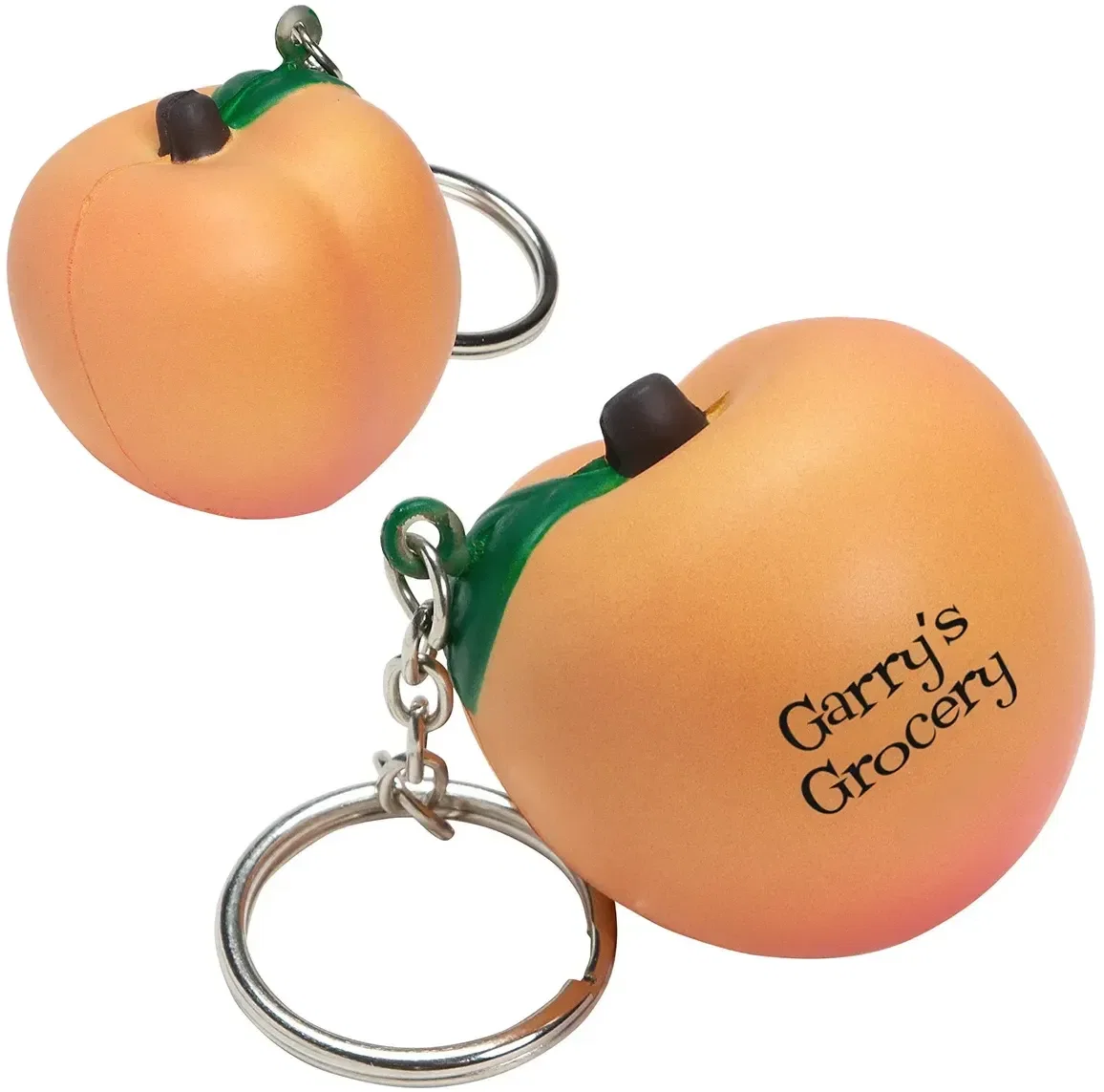 Peach custom stress reliever key chain, peach-shaped squeeze ball for branded health and regional logo giveaways
